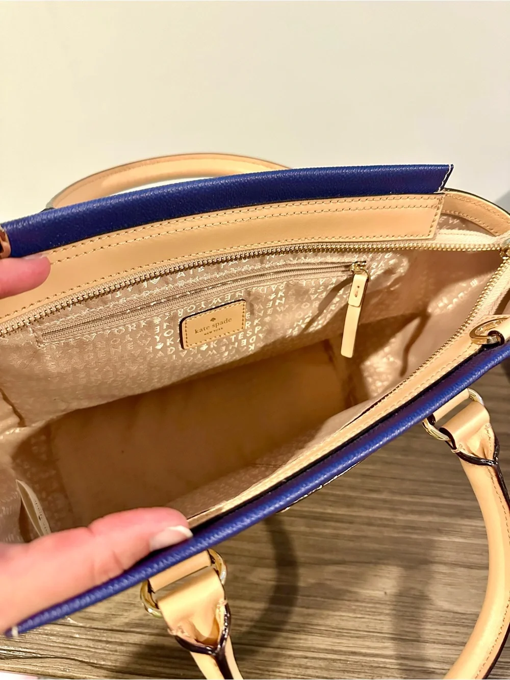 kate spade Camryn Wellesley Striped Navy and White Satchel with Beige Handles